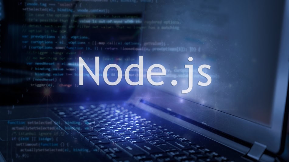 La palabra Node.js y de fondo un ordenador portátil abierto