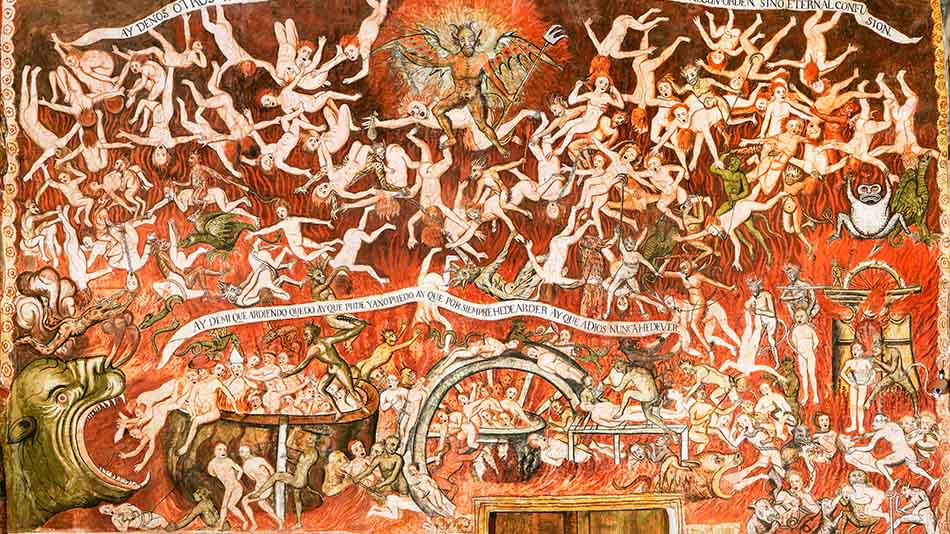 El mural del infierno, realizado por Tadeo Escalante, en el interior del Templo San Juan Bautista de Huaro.