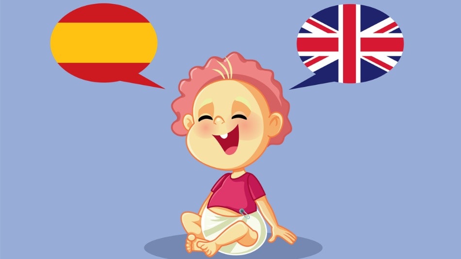 Ilustración de un bebé hablando español e inglés, Bilingüismo 