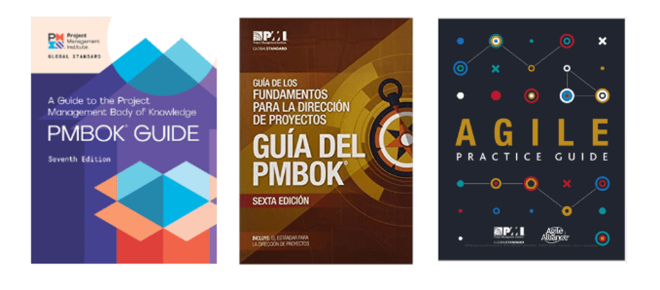 Project Management; 3 portadas de libros de PMBOK y Agile